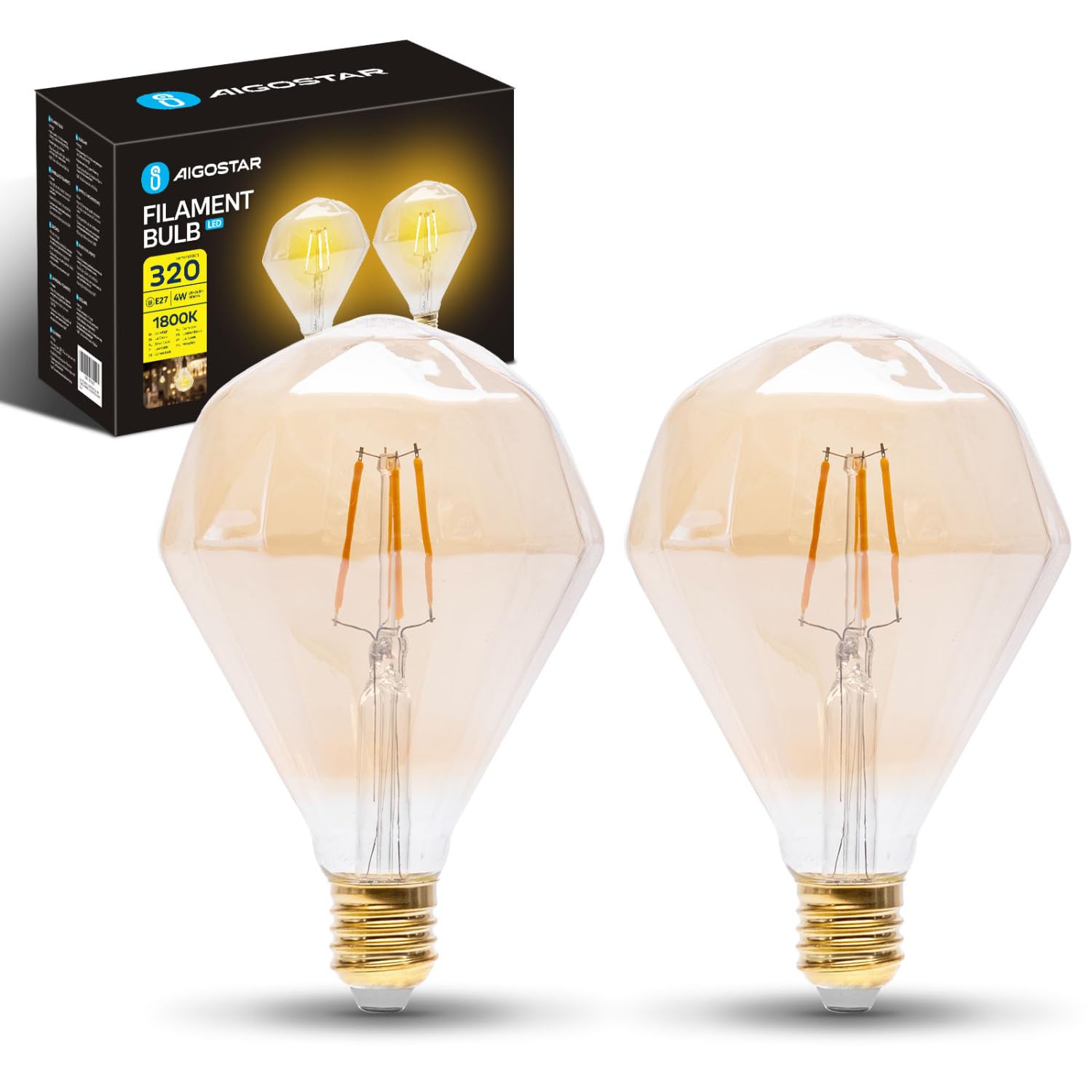 Aigostar LED Glühbirne E27 4W, Warmweißes Licht 1800K, 320 Lumen, Dekorativ Diamant, Vintage Glühbirne im Edison-Stil Mit Filament, Bernsteinfarben, Nicht Dimmbar, Packung Mit 2 Stück