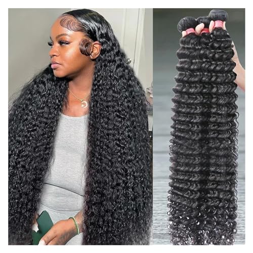 Human Hair Bundles Tiefwellige Echthaar-Bündel, Bündel lockig, 100% Echthaar, 3/4 Bündel, brasilianische natürliche Remy-Haarverlängerungen human hair weave (Color : Natural Color, Size : 20 20_REM