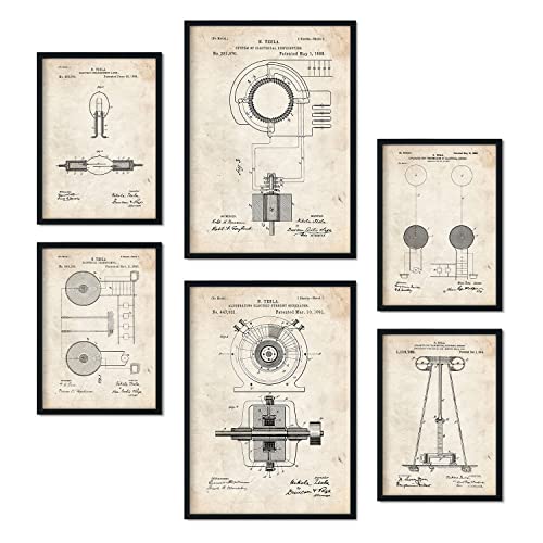 Nacnic Set von 6 Plakaten mit Strom 2 Patenten. Plakate mit Retro-Patentabbildungen. Inneneinrichtung im Vintage-Stil. Grösse A4 und A3. Ohne Rahmen.