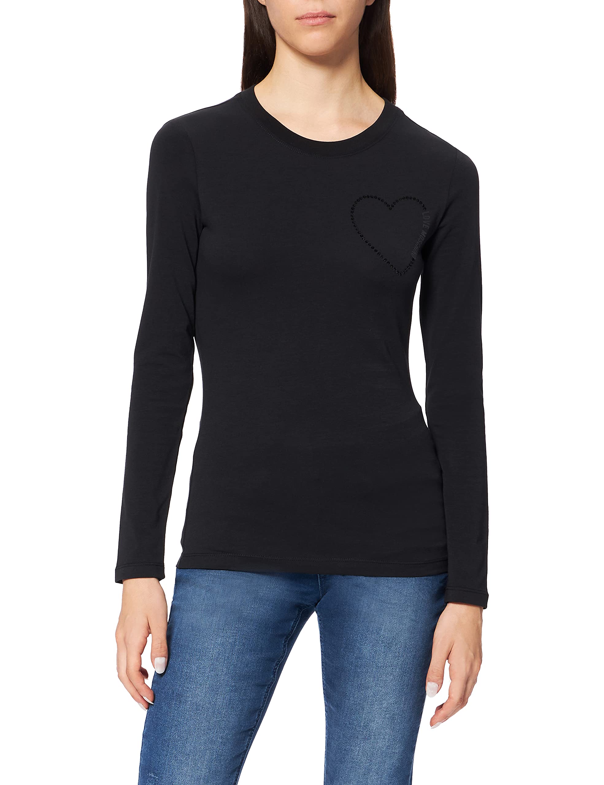 Love Moschino Damen Fitted Long Sleeved with Matching Tone Rhinestone Heart and Shiny Print T-Shirt, Black, 38