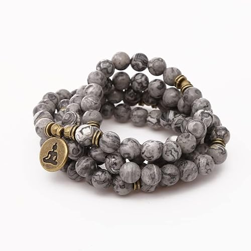 Natural Maps Stone Beads Charm Strand Armband und Halskette Damen Herren Buddha Chakra Yoga Gebet 108 Mala Armband,Bronze