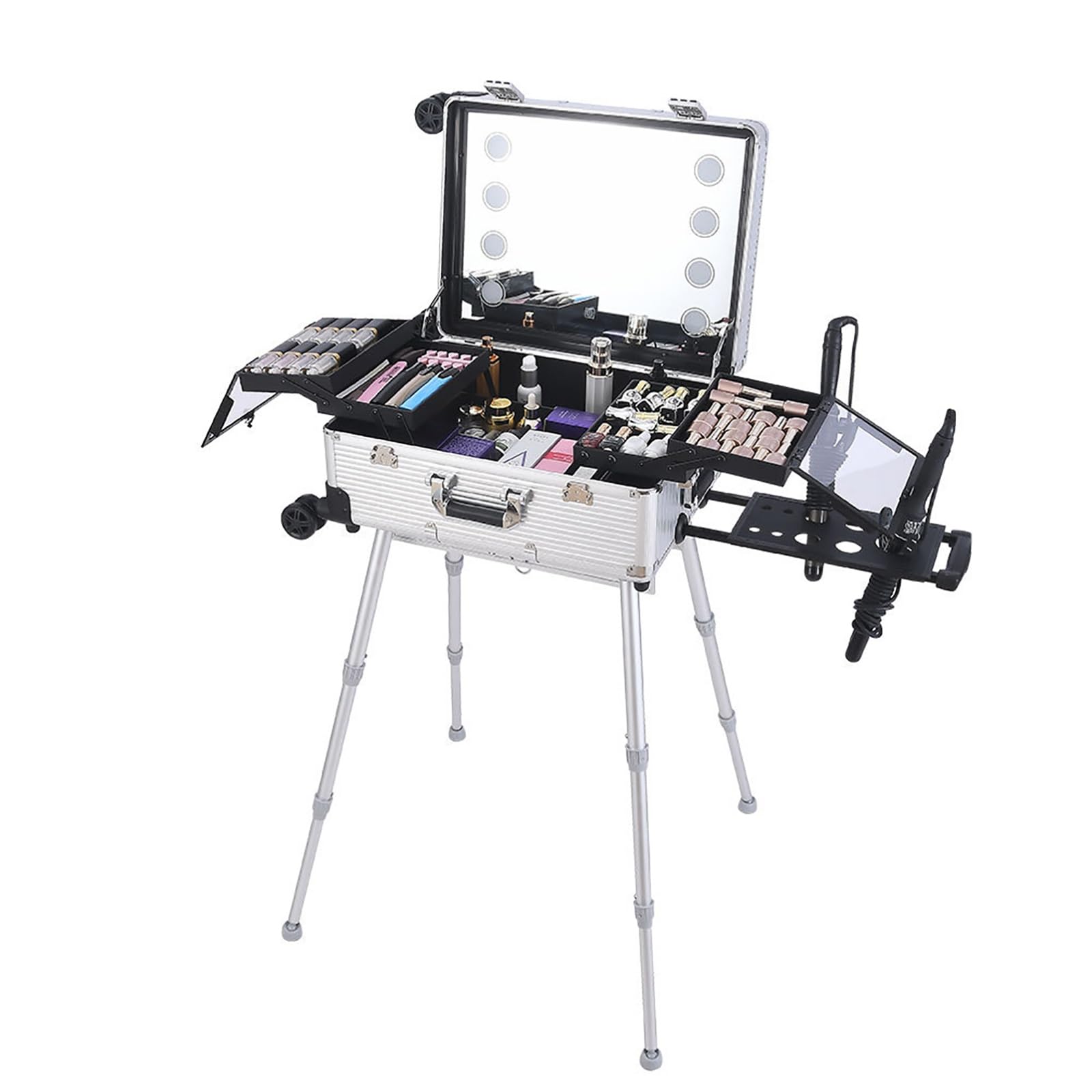 Rollbarer Make-up-Koffer, Make-up-Zug-Koffer, professioneller Make-up-Trolley mit Spiegel und 8 LED-Leuchten, höhenverstellbar