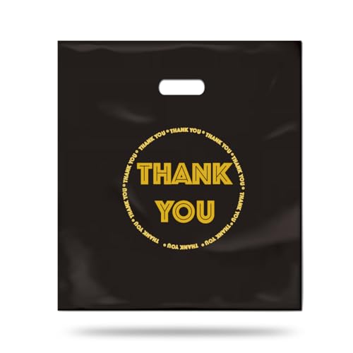 HIPOLI, Thank You Merchandise Bags for Small Business, 100 Pack, Size:16 X 18 Inches, 2 Mil, Black, Plastic Retail Shopping Bags, Thank You Gift Bags, Die Cut Bags, Guddie Bags, Made in Korea