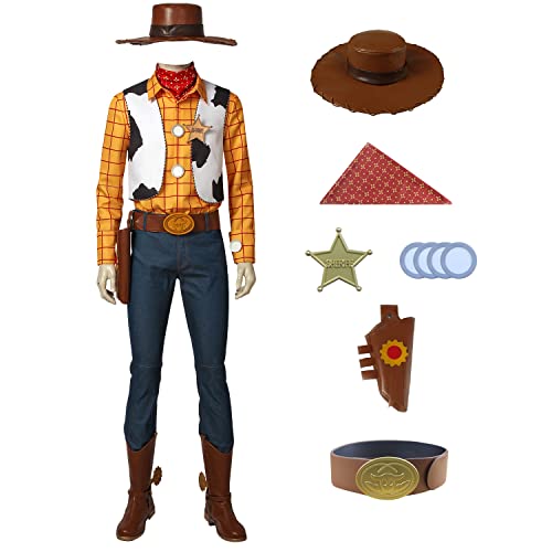 AYYOHON Woody Kostüm für Erwachsene, Cowboy, Sheriff, Cosplay, Uniform, Hemd, Weste, Hose, komplettes Set mit Holzmütze, Abzeichen, Gürtel, Schal, Größe S