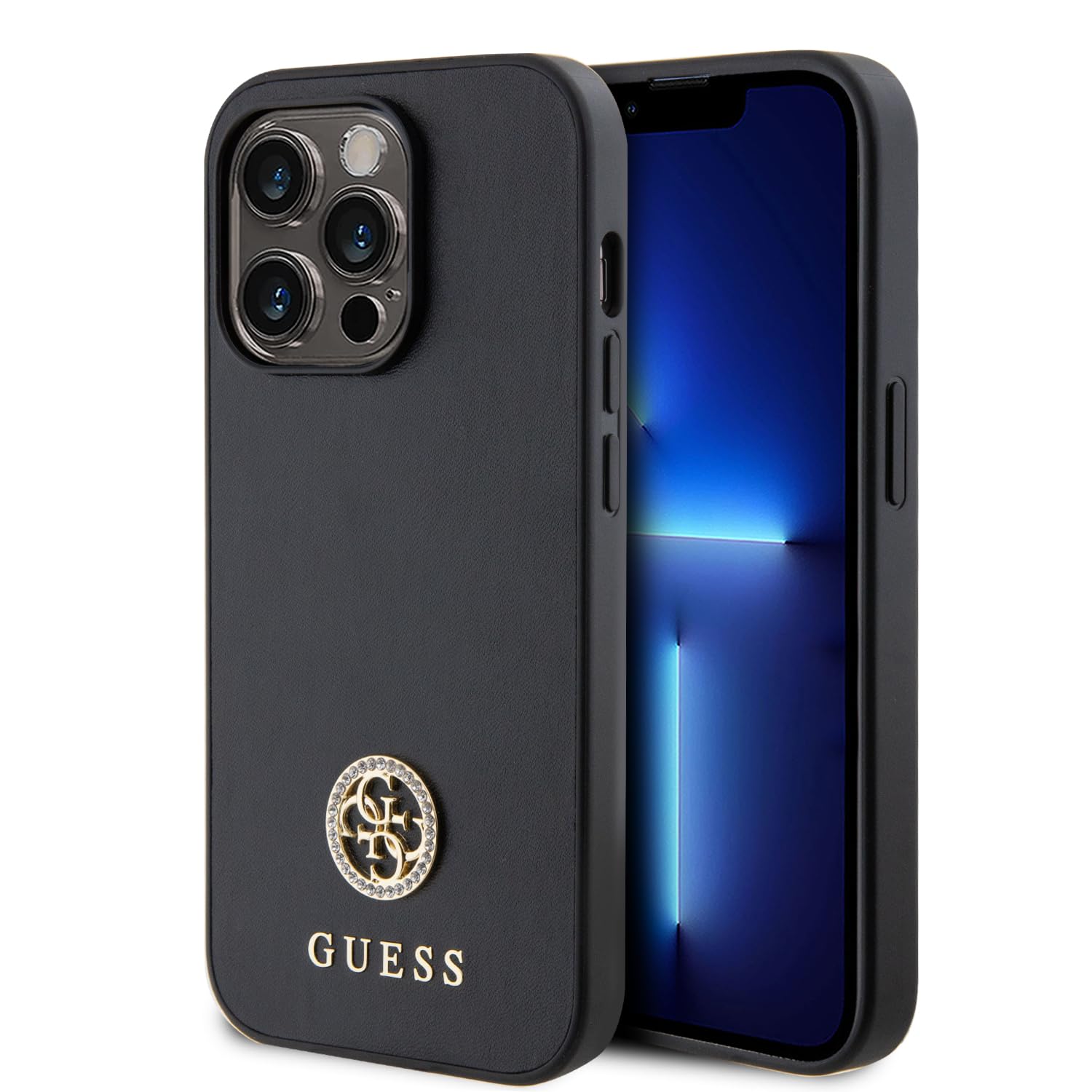 Guess GUHCP15LPS4DGPK Hülle für iPhone 15 Pro 6.1" Schwarz hardcase Strass Metal Logo