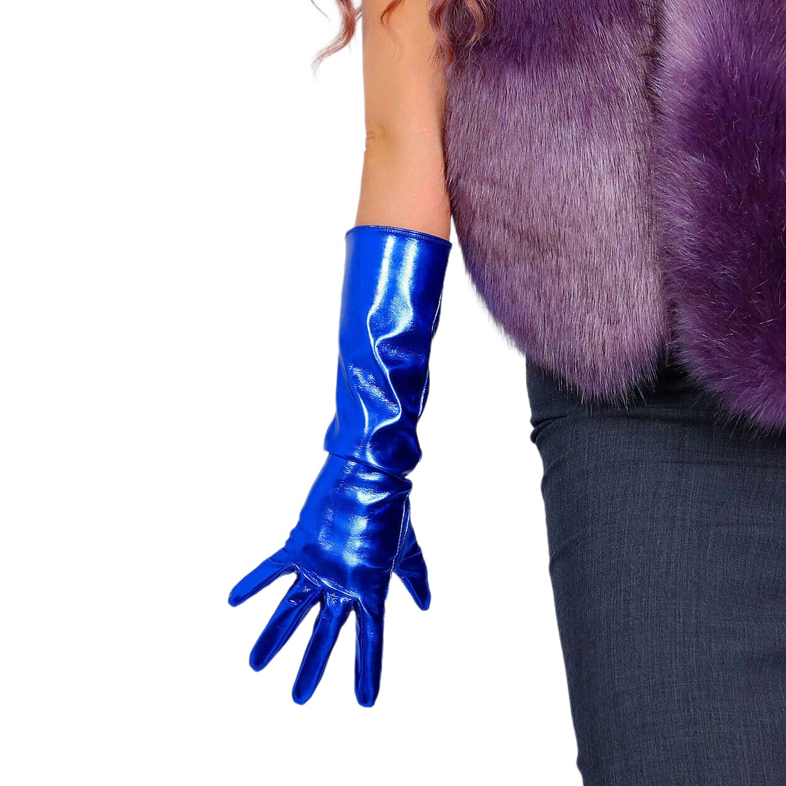 DooWay Damen-Handschuhe aus glänzendem Leder, Ellenbogen-Länge, 40 cm, Metallic-Blau, Kunstleder, Wet-Look, Metallic-Blau, 40 cm, 85