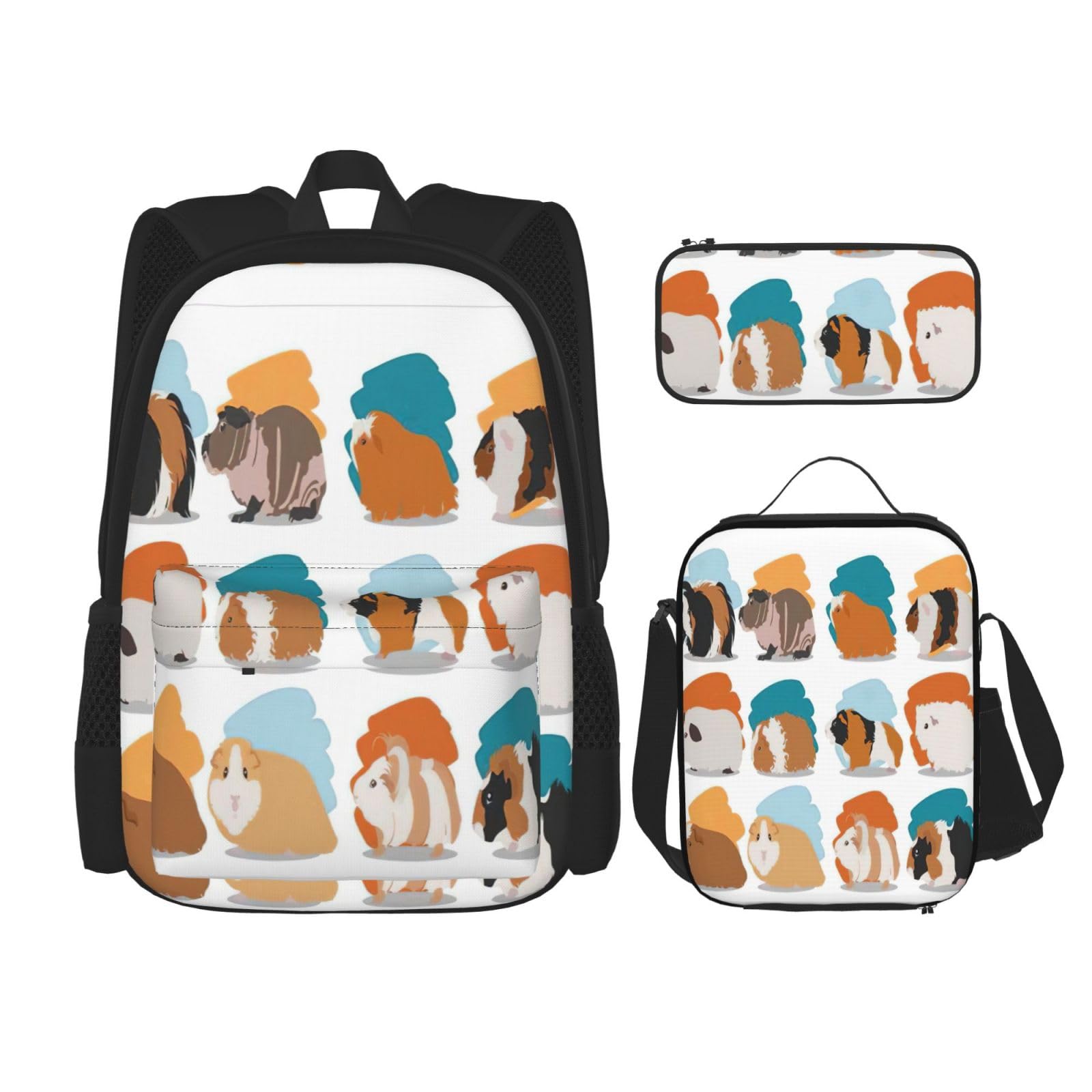 WURTON Rucksack mit Meerschweinchen-Illustrationsdruck, Schultasche mit Lunchtasche, Federmäppchen, Kombination, Schulranzen-Set