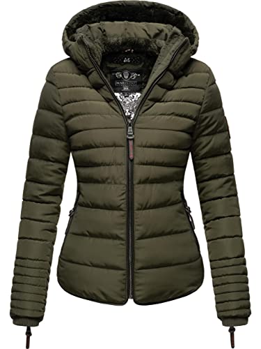 MARIKOO Damen warme Winter Steppjacke mit Kapuze Amber Olive Gr. L