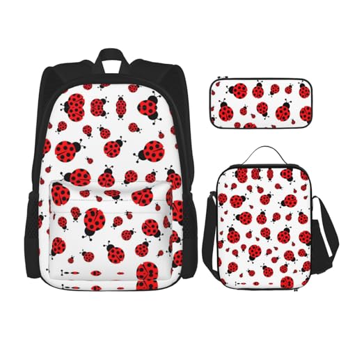 WURTON Schulrucksack-Set mit Marienkäfer-Druck, 3-in-1-Büchertaschen-Set mit Lunchbox, Federmäppchen, Reise-Laptop-Tagesrucksäcke