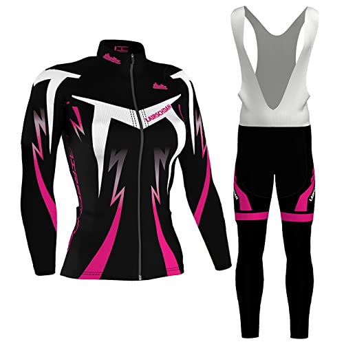 Radtrikot Damen Langarm|Fahrradbekleidung Frauen|MTB Radsportanzug,Fahrradtrikot Cycling Oberteil und Trägerhose mit 9D Gel Sitzpolster,Rennrad Bekleidung Jersey Atmungsaktiv Schnell Trocknen(10,5XL)