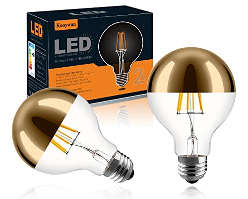 Kooywan LED G80 E27 Filament Lampe 6 Watt Kopfspiegel Gold 2700K Warmweiß Goldene Krone Halb Verchromte Schattenlose Glühlampe 2 Stk