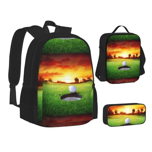 WURTON Sport-Büchertasche, Federmäppchen, 3-in-1, Schulrucksack-Set, Kinderrucksack, Motiv: Sonnenuntergang und Baum