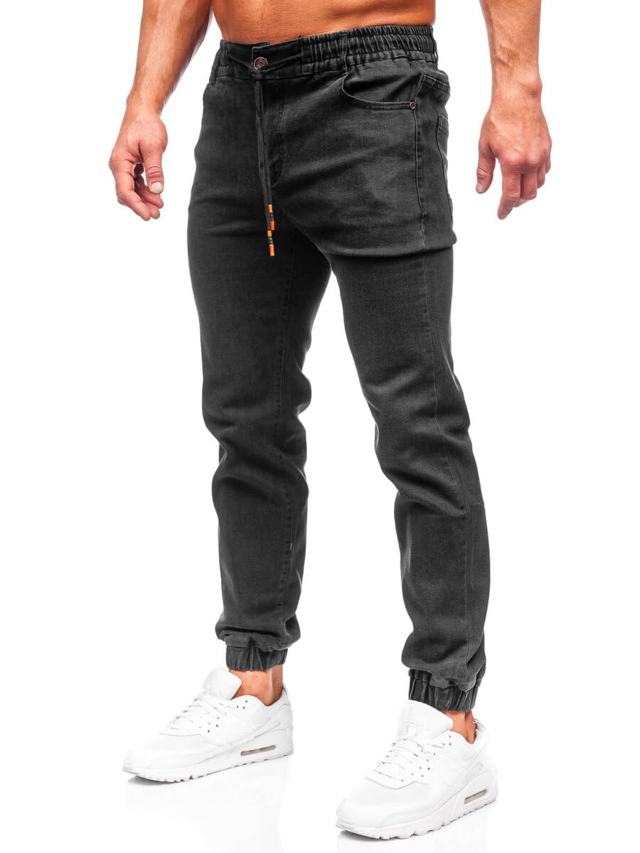 BOLF Herren Jeans Jogger Cargohose Denim Style Sweathose Jogg Used Look Jeanspants Destroyed Freizeit Casual Style Slim Fit Narrow Leg 9101 Schwarz L [6F6]