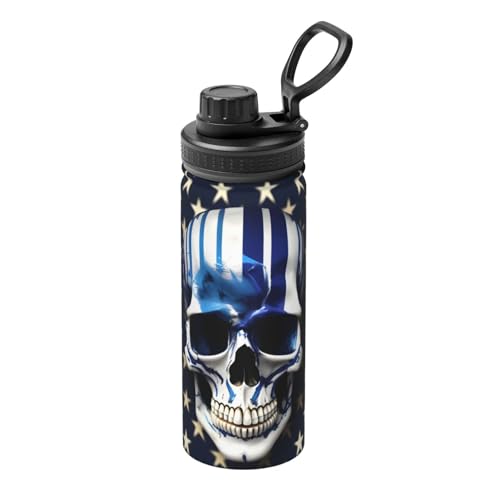 Yqxwjl Wasserflasche mit blauen Streifen und Sternen und Totenkopf-Aufdruck, 530 ml, Edelstahlflasche, Sport-Trinkflasche für Männer und Frauen