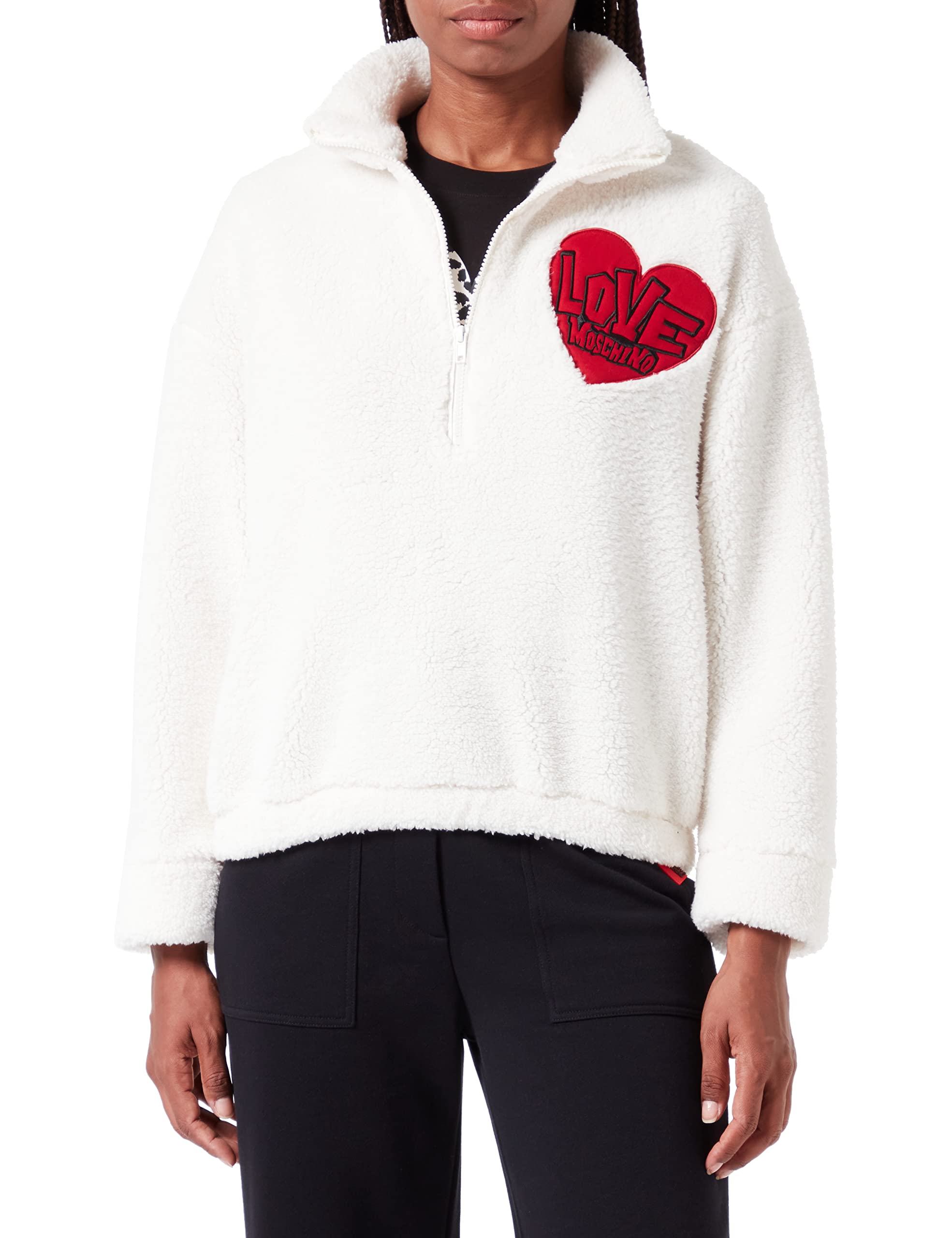 Love Moschino Women's Zipped Collar in eco Teddy fur with Heart Patch. Sweatshirt, Cream, 48