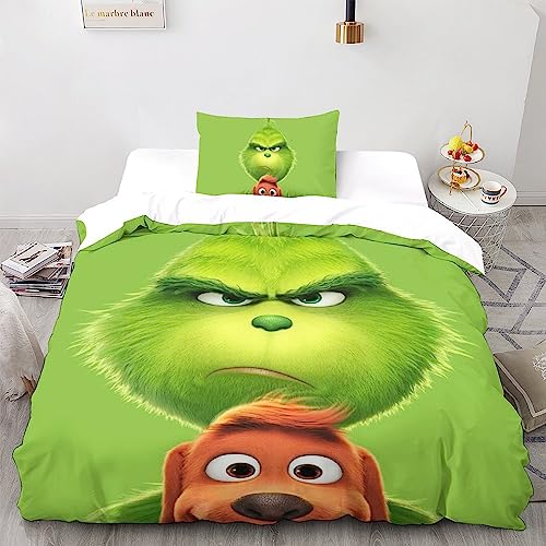 The-Grinch Atmungsaktive Cartoon-Animation Bettwäsche-Sets Aus Leichter Mikrofaser - 3-teiliges Duvet-Cover-Set Mit 3D-Print Und Verstecktem Reißverschluss Für Erholsamen Schlaf Single（135x200cm）