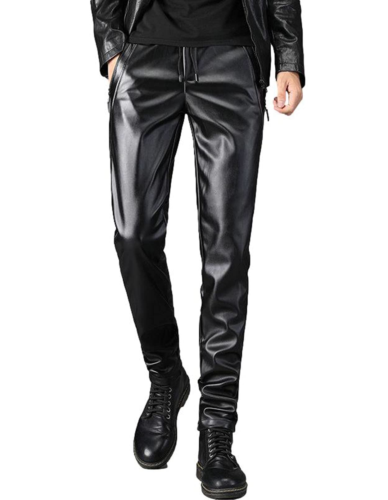 Idopy Herren Schwarze weiche Reißverschlusstasche elastische Taille Kunstlederhose mit Kordelzug