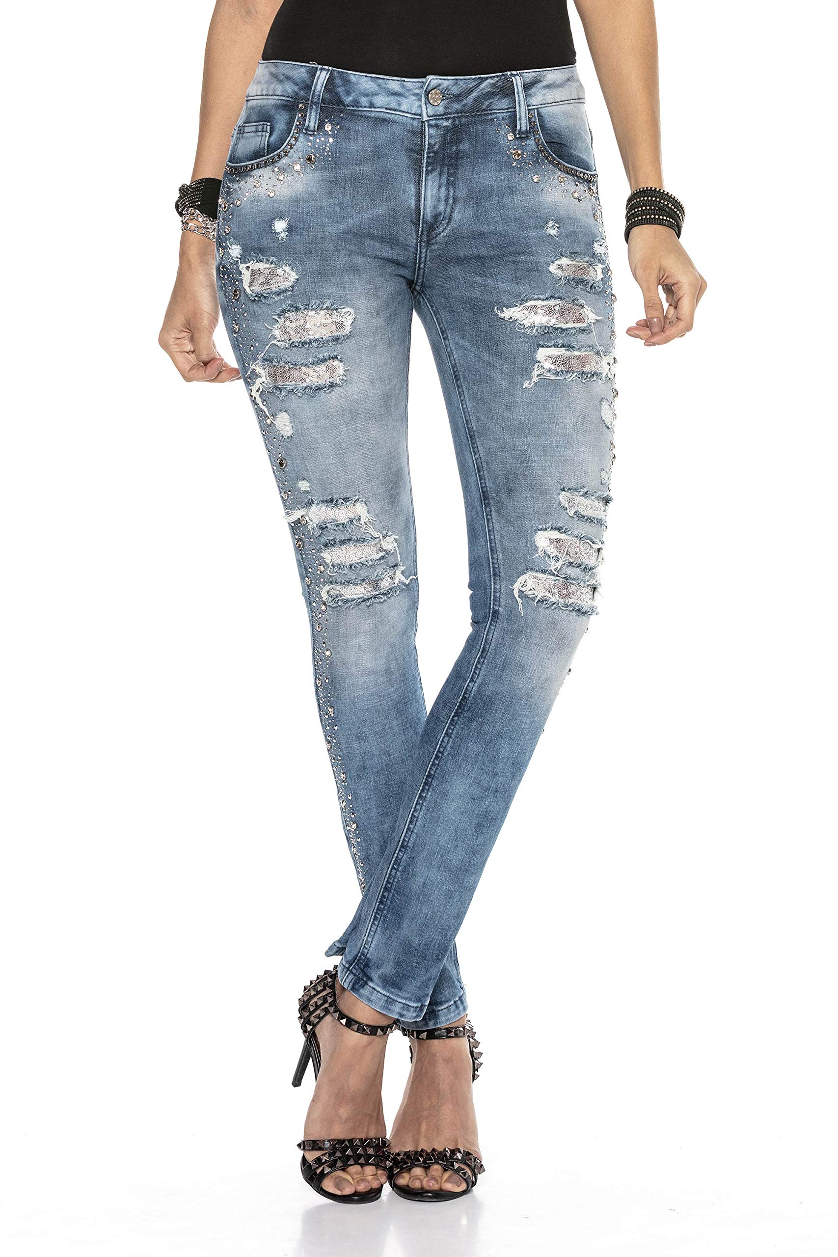 Cipo & Baxx Damen Jeans Hose Skinny Fit Straßsteine Used Destroyed Denim Pants WD406 Blau W29 L34