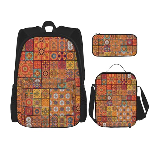 WURTON 3-in-1 Büchertaschen-Set mit marokkanischem geometrischem Druck, Rucksack für Mädchen, Jungen, Schultaschen, Teenager, Lunchbox und Federmäppchen, Set