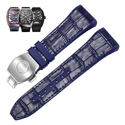 YIHANSS 28 mm Nylon-Uhrenarmband aus echtem Leder und Silikon, schwarz/blau, mit Faltschließe, für Uhrenarmbänder der Franck Muller V45-Serie