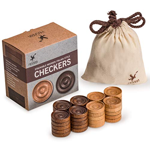 Husaria Wooden Italian Style Checker Pieces with Stackable Ridges and Drawstring Pouch, 40 Pieces