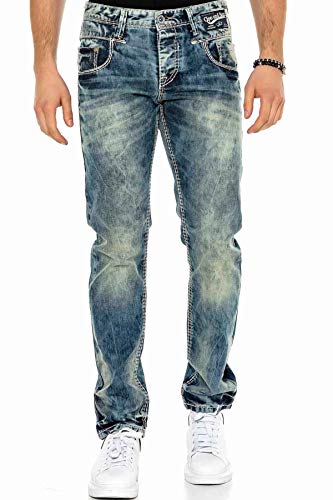 Cipo & Baxx Herren Jeans Hose Regular Fit Denim Vintage Dicke Naht Straight Jeanshose W31 L34 Blau