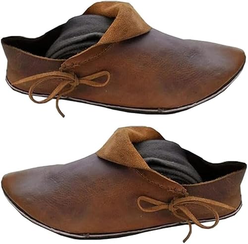 Wikinger-PU-Leder-Einzelschuhe, mittelalterliche Retro-Cosplay-Ritterstiefel, Renaissance-Stiefeletten für Herren und Damen, Leistung, Braun, 47 EU