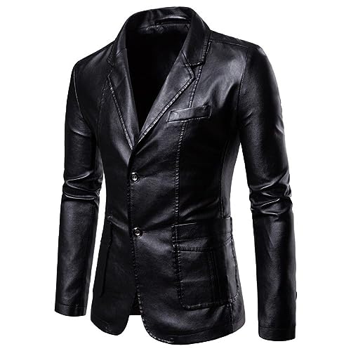 Anzugsakko Herren,Herren Lederblazer, Lederjacke, Slim Fit Jacke, Langärmelig, Zwei Knopf Blazer, Solide Strickjacke, Lässiger Business Anzug, Sportmantel, Smoking Dinner Blazer, Schwarz, S