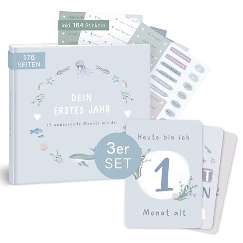 mintkind® Baby Geschenkset "Mein erstes Jahr" Baby Tagebuch + Meilensteinkarten Baby Wal I Erinnerungsbox Baby I Fotoalbum zum selbstgestalten I Baby Geschenk Junge & Mädchen