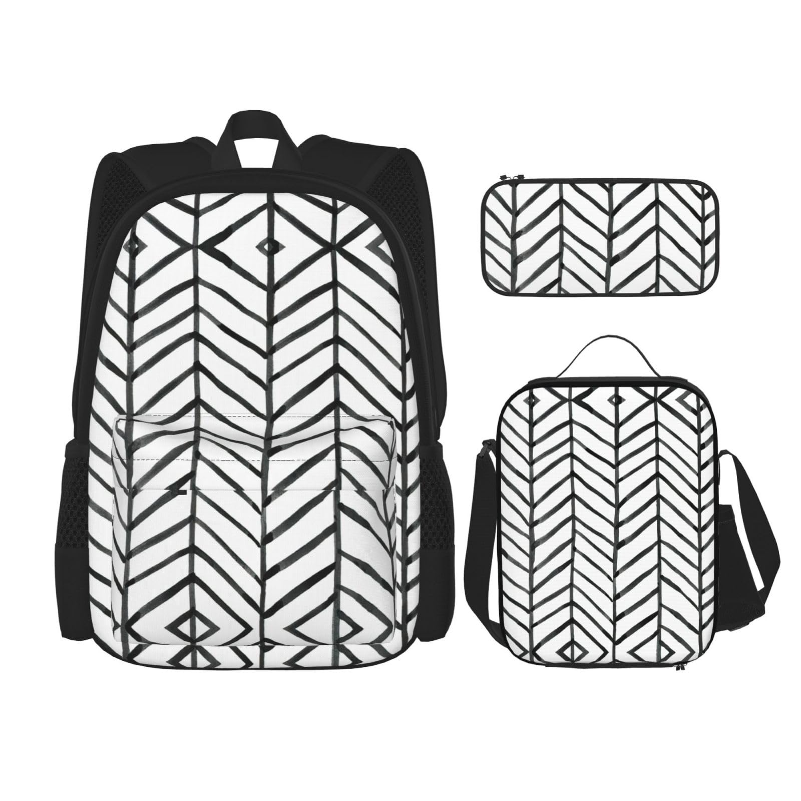 WURTON Schwarz-Weiß-Boho-Druck, verstellbare Schultergurte, Rucksack-Set, Lunch-Tasche, Federmäppchen, Kombinationstaschen-Set