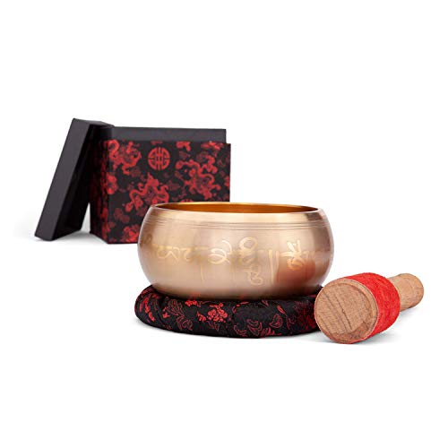 Indische Klangschalen mit Yoga-Verzierung und Geschenkbox | Singing Bowl Ø 15cm | Klangtherapie, Meditation, Achtsamkeit, Entspannung