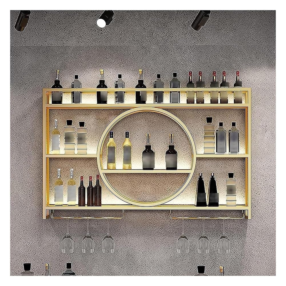 Hängende industrielle runde Weinregale, An der Wand montiertes Weinregal mit LED-Licht, modernes Weinregal aus Metall, Weinglashalter for die Dekoration von Zuhause, Küche, Bar, Restaurant(Gold,100x15