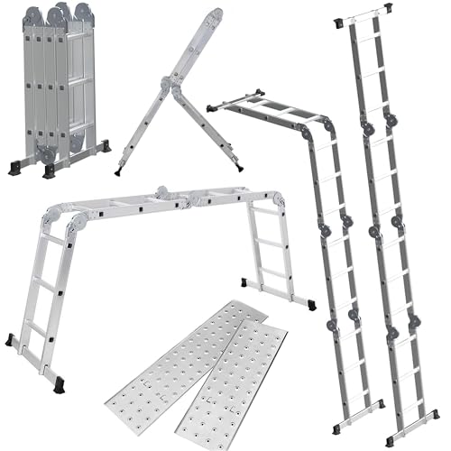 BTF Multifunktionale 5-in-1-Leiter aus Aluminium mit 2 Metallplatten | Klappleiter, die Gerüste bis 90,5 cm vom Boden entfernt ist, Tragkraft 150 kg, Ref.: BTF-MUP34