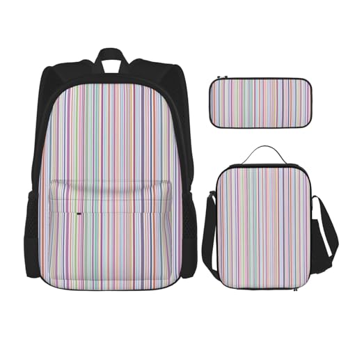 WURTON Bedruckter Schulterrucksack, 3-in-1-Büchertaschen-Set, Lunchbox, Federmäppchen, Reise-Laptop-Tagesrucksäcke, mit farbigen Streifen, Schwarz, Einheitsgröße