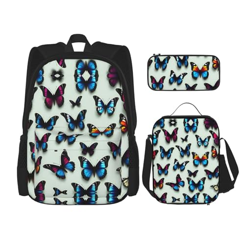 YQxwJL 3-in-1-Rucksack-Büchertaschen-Set, Motiv: griechische Insel, Meerblick, lässiger Reiserucksack, mit Federmäppchen, Lunchtasche, Schmetterling und Cello, Einheitsgröße