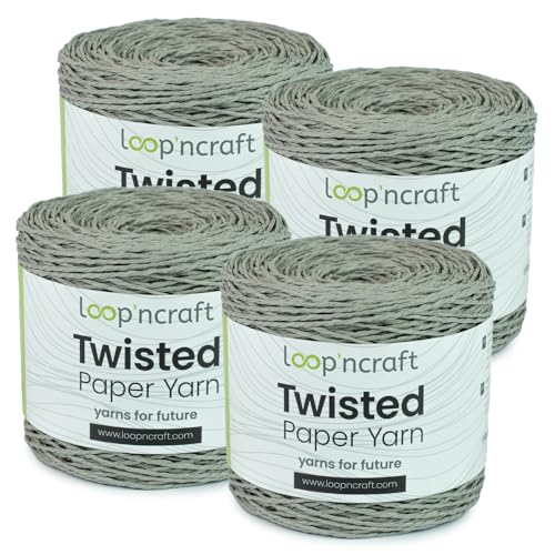 Papiergarn 4er-Set, Grau, Loopncraft, 1000m - 600g, Twisted Paper Yarn, Natürliches Papierkordel