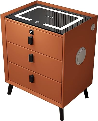 Nachttisch, intelligenter Nachttisch mit Ladestation, mit Lichtern/Fingerabdrucksperre/Bluetooth-Lautsprecher/3 Schubladen,Orange,40cm