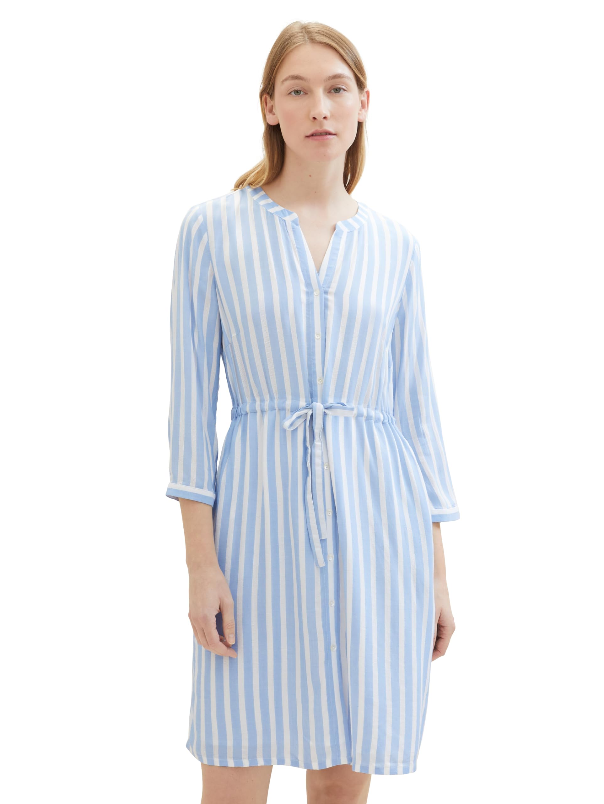 TOM TAILOR Damen Kleid mit Streifen & Bindegürtel, offwhite blue vertical stripe, 46