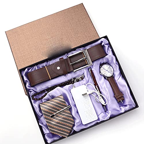 NEWNAN 6-teiliges Herrenuhr-Krawattengürtel-Geschenkset mit Stiftrosette für Freund (Farbe: E, Größe: 27,5 x 22,5 x 4,5 cm)