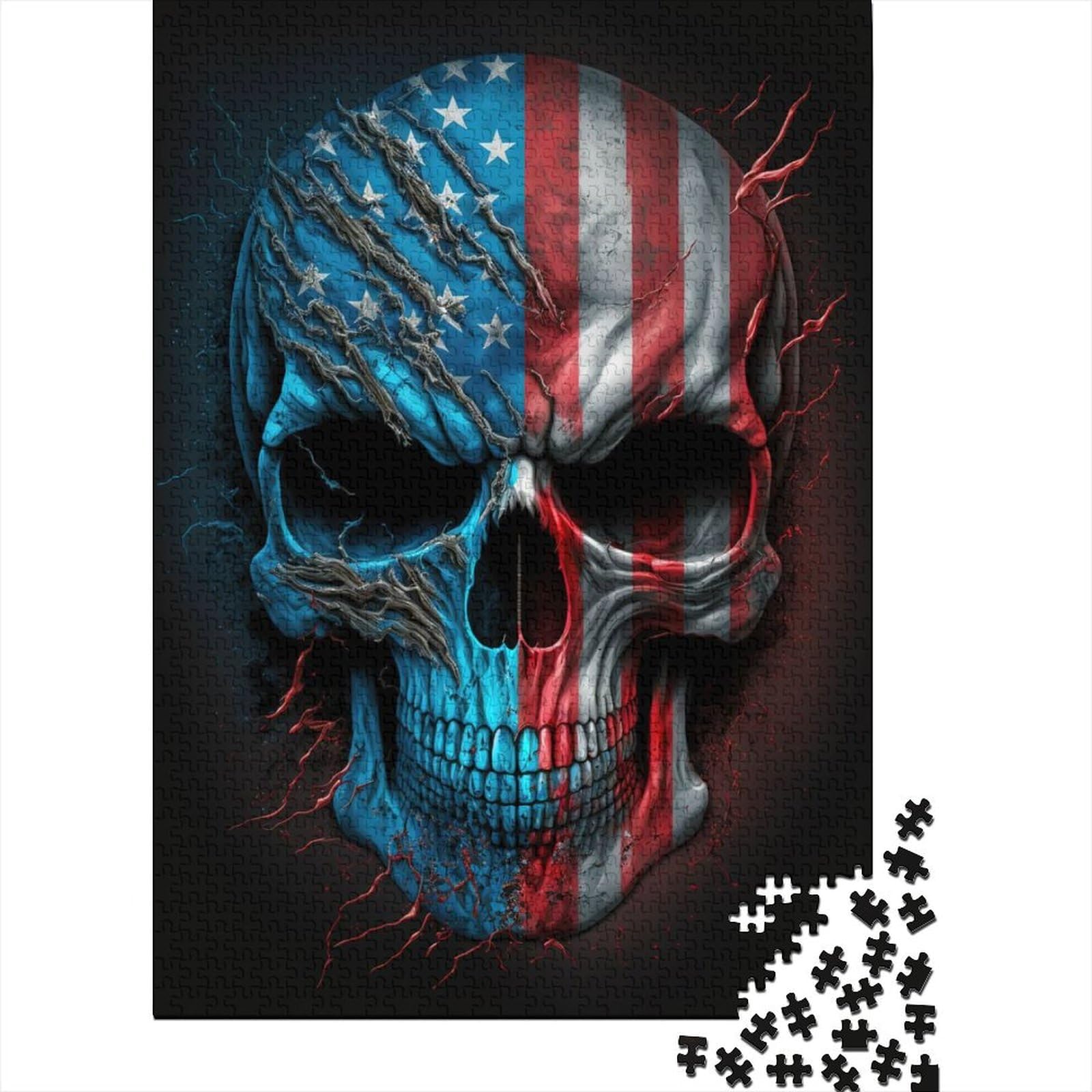 1000-teiliges Puzzle für Erwachsene, Totenkopf mit amerikanischer Flagge, Holzpuzzle für Erwachsene und Jugendliche von Relax Puzzles Games – Denksport-Puzzle (75 x 40 cm)