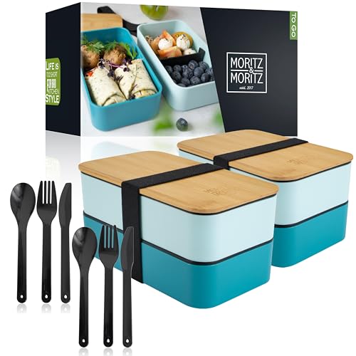 Moritz & Moritz 2er Set Bento Box Kinder in Blau - Perfekte Lunchbox für Kinder und Erwachsene - Brotdose mit Fächern - Ideal für die Arbeit, Schule und unterwegs