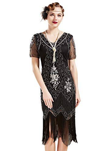 ArtiDeco 1920s Kleid Damen Flapper Kleid mit Kurzem Ärmel Gatsby Motto Party Damen Kostüm Kleid (Schwarz Silber, M (Fits 80-86 cm Waist))