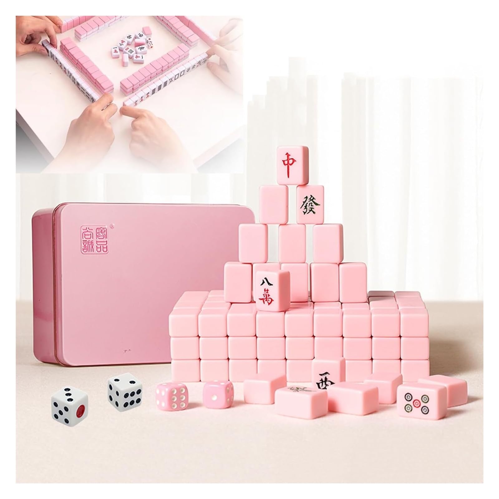 BFVAKBKYT Chinesisch Majong Set, Chinesische Mini-Daumen-Mahjong-Steine*144, massives Melamin, mit tragbarer Aufbewahrungsbox aus Metall + Tischdecke + 2 Würfel + 4 Steinboxen,(Pink)