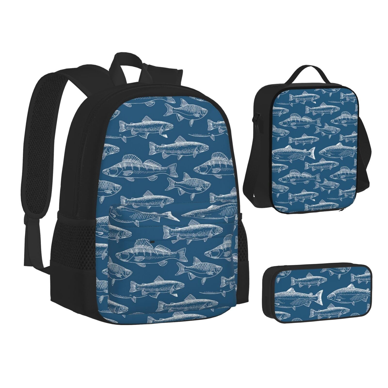 WURTON Büchertasche mit Jagdmotiv und Hirschmotiv, 3-in-1, Schulrucksäcke, Kinderrucksack-Set, Meeresfische, Einheitsgröße