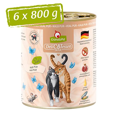 GranataPet Delicatessen Kalb PUR, Nassfutter für Katzen, Futter ohne Getreide & ohne Zuckerzusätze, Katzenfutter mit hohem Fleischanteil & hochwertigen Ölen, 6 x 800 g