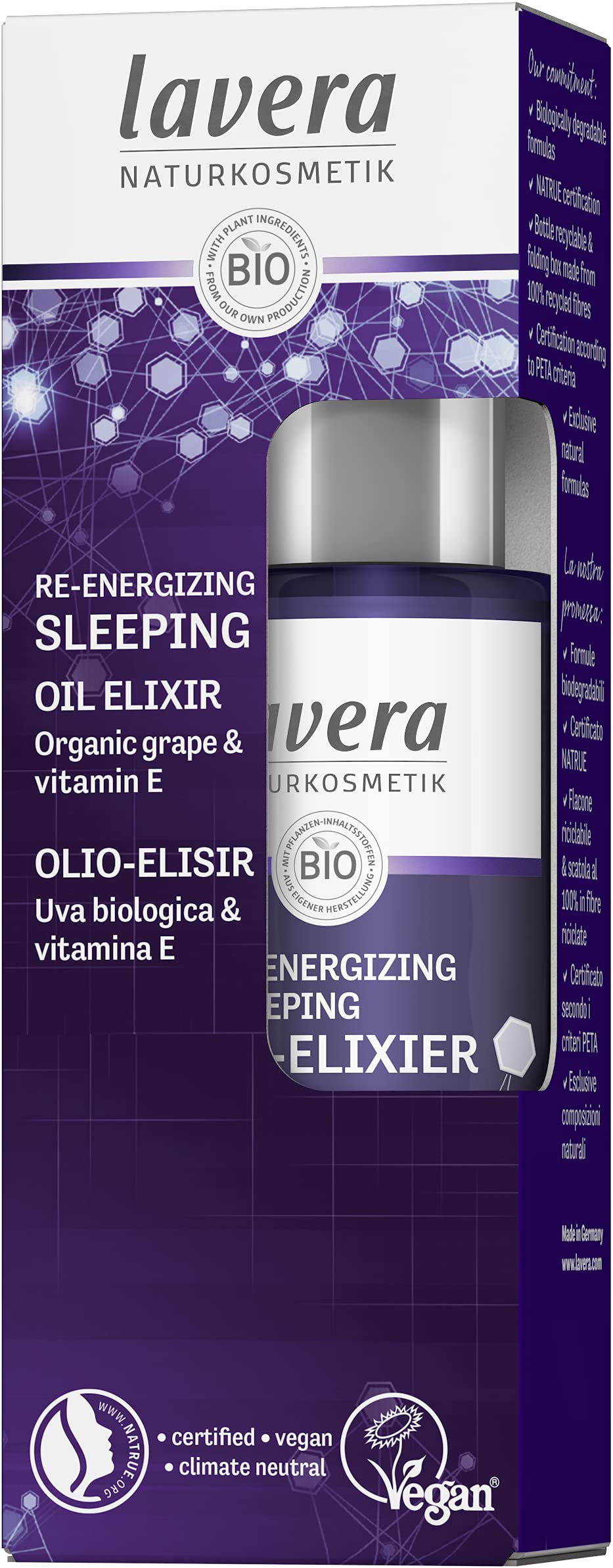 lavera Re-Energizing Sleeping Oil Elixir – Naturkosmetik – vegan – Bio-Traube & natürliches Vitamin E – zertifiziert – 30 ml