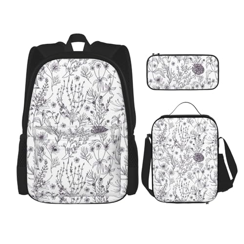 WURTON 3-in-1-Set mit Blumen-Kräuter- und Kräuterpflanzen-Druck, lässiger verstellbarer Schulter-Rucksack, Lunch-Tasche, Federmäppchen, Beutel