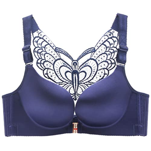 ZESLIV Damen BH Vorderverschluss ohne Bügel 100D Dunkelblau Push Up BH mit Schmetterlingsrückseite große größen Frauen Wohlfühl Bustier Spitzen Strass Bra