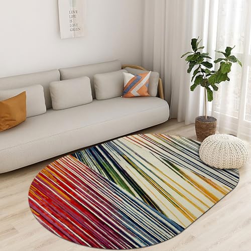 Jwujnxaq Teppich Oval Wohnzimmer Weich rutschfest Waschbar Design Modern Schlafzimmer Dekorative Teppiche Rot Gelb Blau Cyan Linien Patchwork, 110 x 190 cm