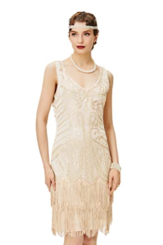 BABEYOND Damen Retro 1920er Stil Flapper Kleider mit Zwei Schichten Troddel V Ausschnitt Great Gatsby Motto Party Kostüm Kleider- Gr. L (Fits 82-92 cm Waist & 100-110 cm Hips), Beige